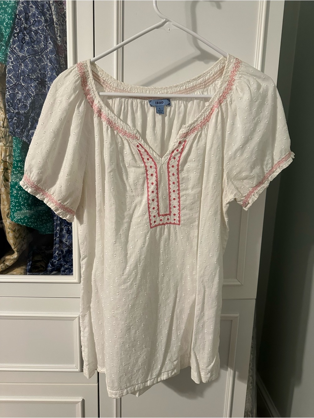 Izod White Swiss Dot Tunic with Pink Trim